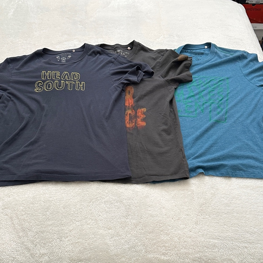 Bundle of 3 Men’s Medium Guess Men's Short Sleeve- TeesNavy, Charcoal, Sky Blue.